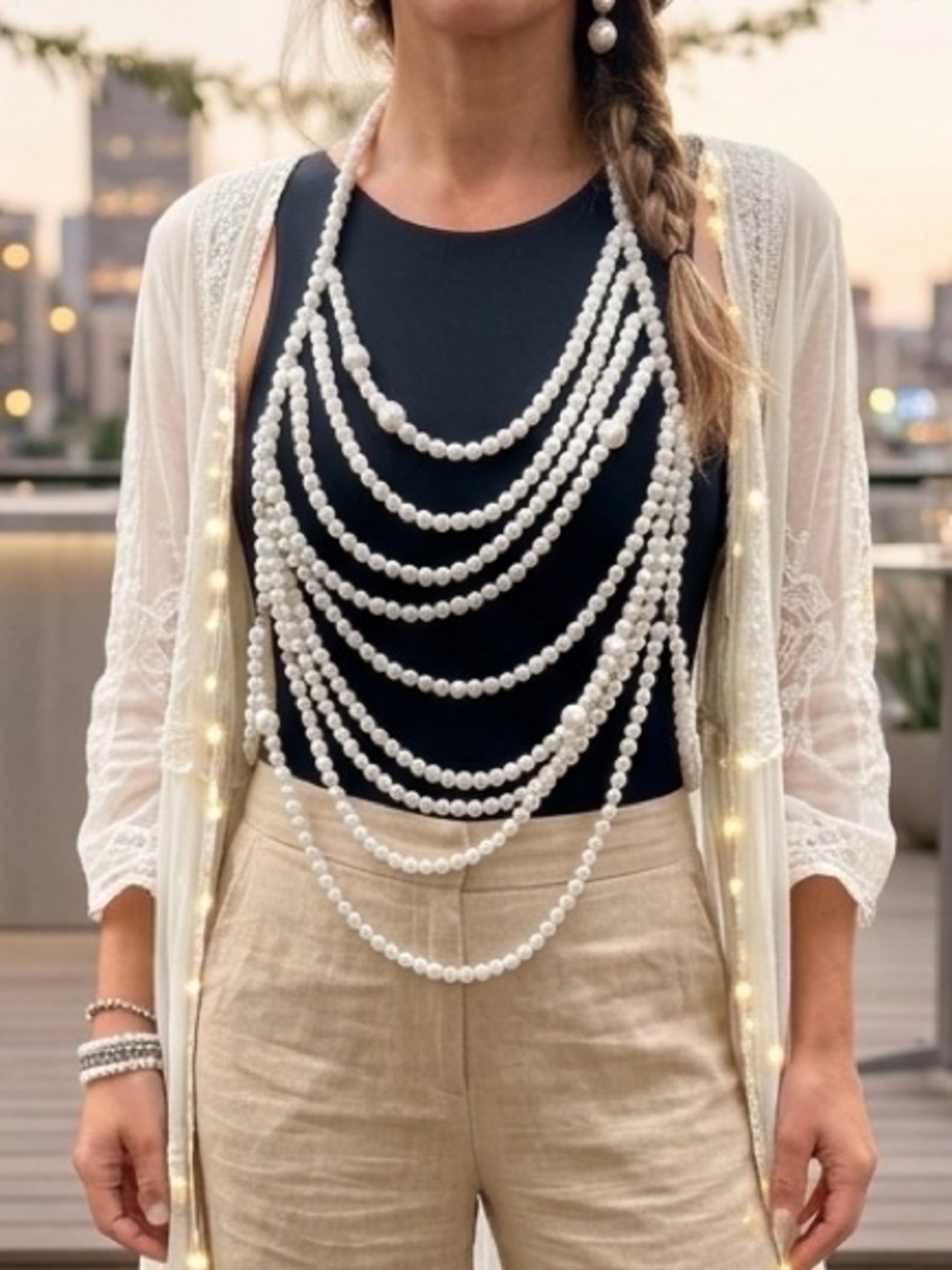 Multi-Layered Faux Pearl Body Chain Necklace Statement Jewelry Boho Coquette